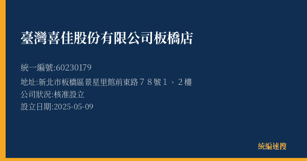 臺灣喜佳股份有限公司板橋店的照片-統編 60230179(新北市) 公司登記資料與營業項目詳細圖表