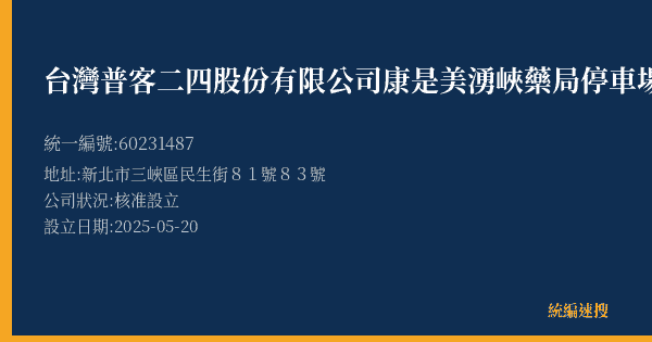 台灣普客二四股份有限公司康是美湧峽藥局停車場的照片-統編 60231487(新北市) 公司登記資料與營業項目詳細圖表