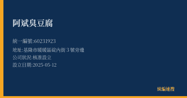 阿斌臭豆腐的照片-統編 60231923(基隆市) 公司登記資料與營業項目詳細圖表