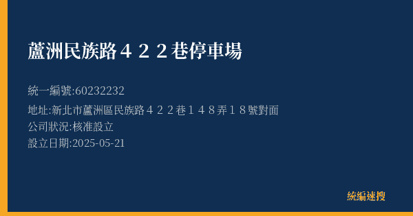 蘆洲民族路422巷停車場的照片-統編 60232232(新北市) 公司登記資料與營業項目詳細圖表