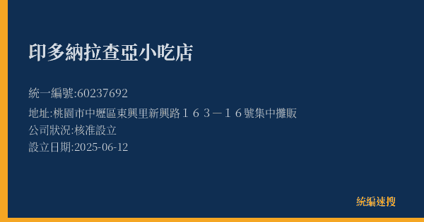印多納拉查亞小吃店的照片-統編 60237692(桃園市) 公司登記資料與營業項目詳細圖表