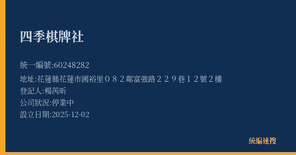 四季棋牌社的照片-統編 60248282(花蓮縣) 公司登記資料與營業項目詳細圖表