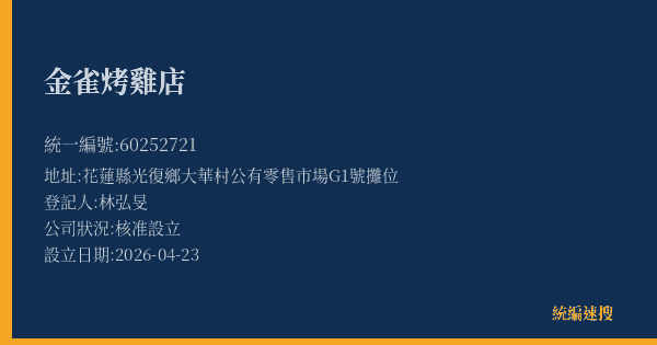 金雀烤雞店的照片-統編 60252721(花蓮縣) 公司登記資料與營業項目詳細圖表