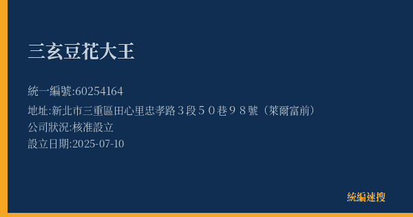 三玄豆花大王的照片-統編 60254164(新北市) 公司登記資料與營業項目詳細圖表