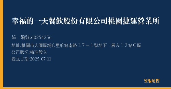 幸福的一天餐飲股份有限公司桃園捷運營業所的照片-統編 60254256(桃園市) 公司登記資料與營業項目詳細圖表