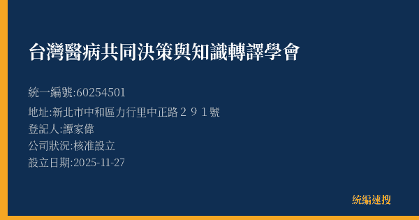 台灣醫病共同決策與知識轉譯學會的照片-統編 60254501(新北市) 公司登記資料與營業項目詳細圖表