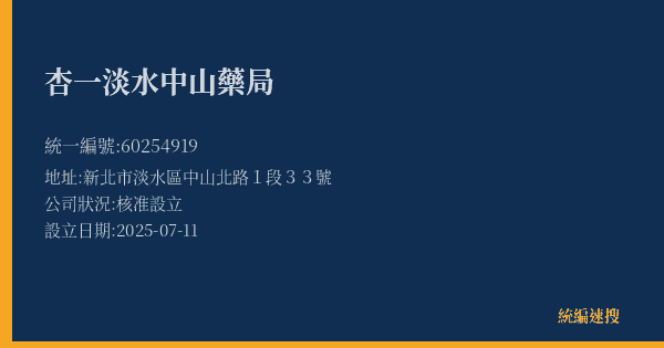 杏一淡水中山藥局的照片-統編 60254919(新北市) 公司登記資料與營業項目詳細圖表