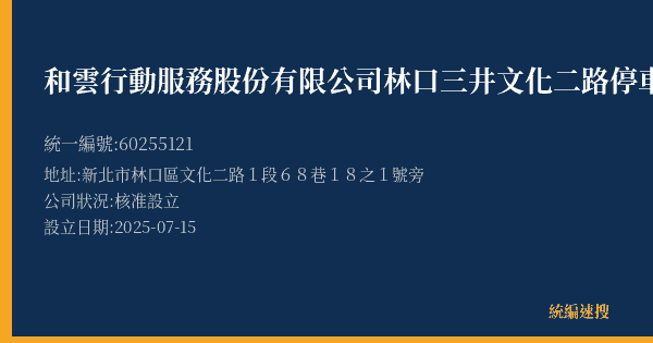和雲行動服務股份有限公司林口三井文化二路停車場的照片-統編 60255121(新北市) 公司登記資料與營業項目詳細圖表