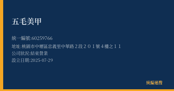 五毛美甲的照片-統編 60259766(桃園市) 公司登記資料與營業項目詳細圖表