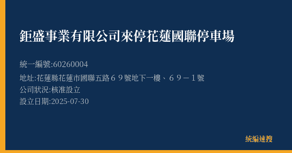 鉅盛事業有限公司來停花蓮國聯停車場的照片-統編 60260004(花蓮縣) 公司登記資料與營業項目詳細圖表
