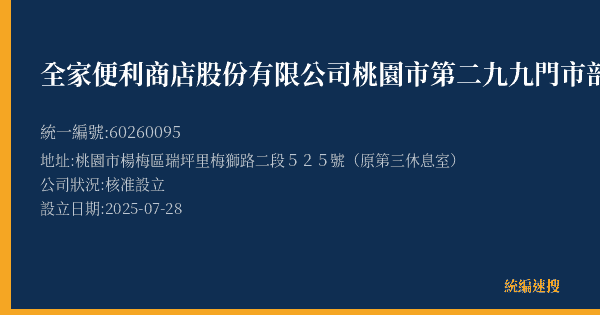 全家便利商店股份有限公司桃園市第二九九門市部的照片-統編 60260095(桃園市) 公司登記資料與營業項目詳細圖表