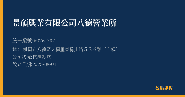 景碩興業有限公司八德營業所的照片-統編 60261307(桃園市) 公司登記資料與營業項目詳細圖表