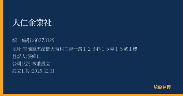大仁企業社的照片-統編 60273129(宜蘭縣) 公司登記資料與營業項目詳細圖表