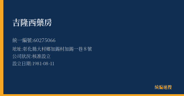 吉隆西藥房的照片-統編 60275066(彰化縣) 公司登記資料與營業項目詳細圖表