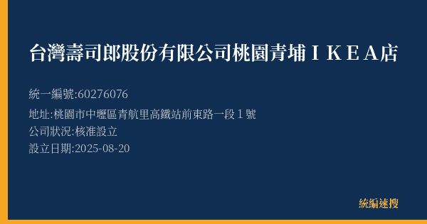 台灣壽司郎股份有限公司桃園青埔IKEA店的照片-統編 60276076(桃園市) 公司登記資料與營業項目詳細圖表