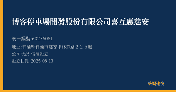 博客停車場開發股份有限公司喜互惠慈安的照片-統編 60276081(宜蘭縣) 公司登記資料與營業項目詳細圖表