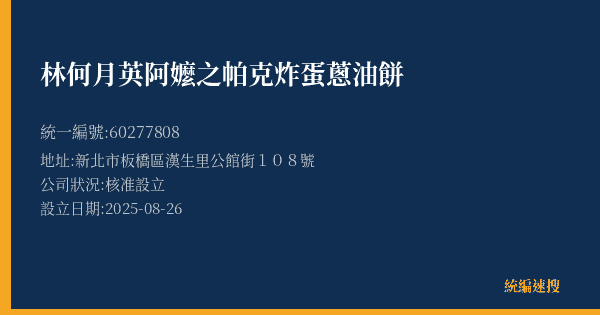 林何月英阿嬤之帕克炸蛋蔥油餅的照片-統編 60277808(新北市) 公司登記資料與營業項目詳細圖表