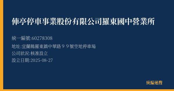 俥亭停車事業股份有限公司羅東國中營業所的照片-統編 60278308(宜蘭縣) 公司登記資料與營業項目詳細圖表