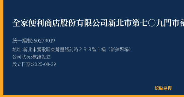全家便利商店股份有限公司新北市第七○九門市部的照片-統編 60279019(新北市) 公司登記資料與營業項目詳細圖表