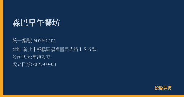 森巴早午餐坊的照片-統編 60280212(新北市) 公司登記資料與營業項目詳細圖表