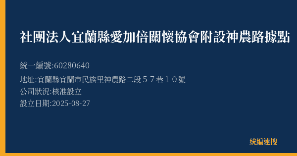 社團法人宜蘭縣愛加倍關懷協會附設神農路據點的照片-統編 60280640(宜蘭縣) 公司登記資料與營業項目詳細圖表