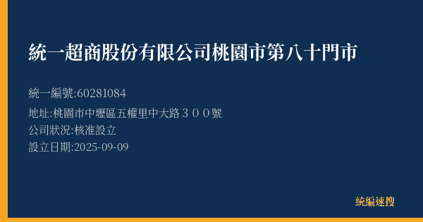 統一超商股份有限公司桃園市第八十門市的照片-統編 60281084(桃園市) 公司登記資料與營業項目詳細圖表