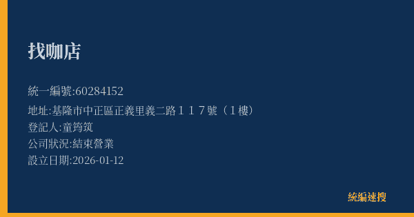 找咖店的照片-統編 60284152(基隆市) 公司登記資料與營業項目詳細圖表