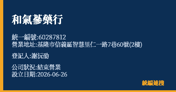和氣蔘藥行的照片-統編 60287812 公司登記資料與營業項目詳細圖表