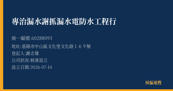 專治漏水謝抓漏水電防水工程行的照片-統編 60288093(基隆市) 公司登記資料與營業項目詳細圖表
