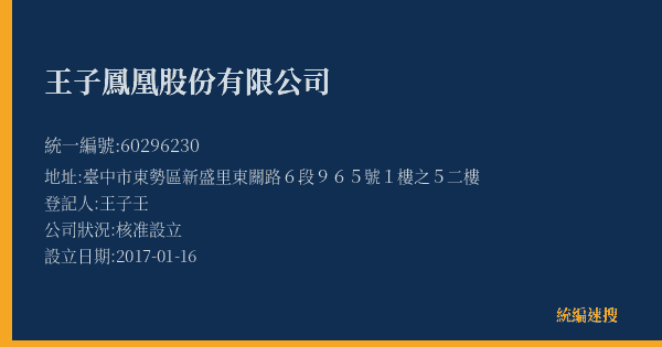 王子鳳凰股份有限公司的照片-統編 60296230(臺中市) 公司登記資料與營業項目詳細圖表
