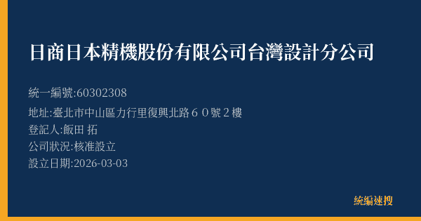 日商日本精機股份有限公司台灣設計分公司的照片-統編 60302308(臺北市) 公司登記資料與營業項目詳細圖表