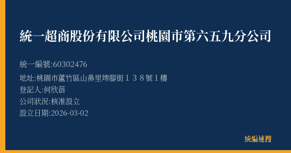 統一超商股份有限公司桃園市第六五九分公司的照片-統編 60302476(桃園市) 公司登記資料與營業項目詳細圖表