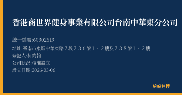 香港商世界健身事業有限公司台南中華東分公司的照片-統編 60302519(臺南市) 公司登記資料與營業項目詳細圖表