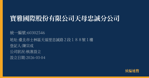 寶雅國際股份有限公司天母忠誠分公司的照片-統編 60302546(臺北市) 公司登記資料與營業項目詳細圖表