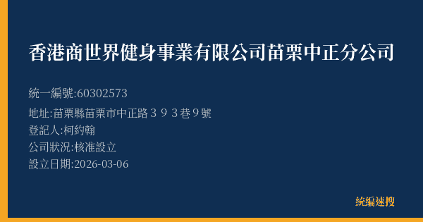 香港商世界健身事業有限公司苗栗中正分公司的照片-統編 60302573(苗栗縣) 公司登記資料與營業項目詳細圖表