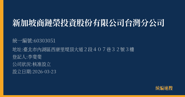 新加坡商鏈榮投資股份有限公司台灣分公司的照片-統編 60303051(臺北市) 公司登記資料與營業項目詳細圖表