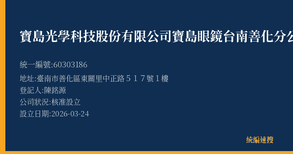 寶島光學科技股份有限公司寶島眼鏡台南善化分公司的照片-統編 60303186(臺南市) 公司登記資料與營業項目詳細圖表