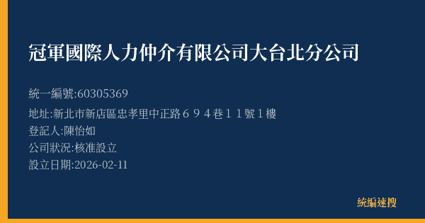 冠軍國際人力仲介有限公司大台北分公司的照片-統編 60305369(新北市) 公司登記資料與營業項目詳細圖表