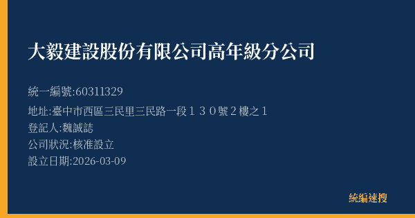 大毅建設股份有限公司高年級分公司的照片-統編 60311329(臺中市) 公司登記資料與營業項目詳細圖表