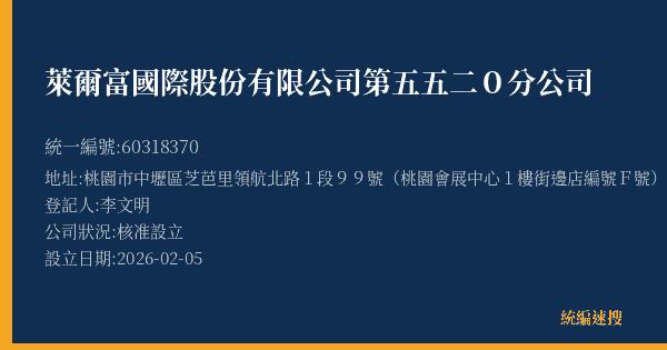 萊爾富國際股份有限公司第五五二0分公司的照片-統編 60318370(桃園市) 公司登記資料與營業項目詳細圖表