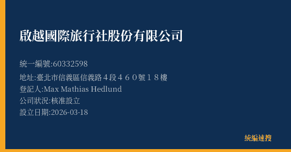 啟越國際旅行社股份有限公司的照片-統編 60332598(臺北市) 公司登記資料與營業項目詳細圖表