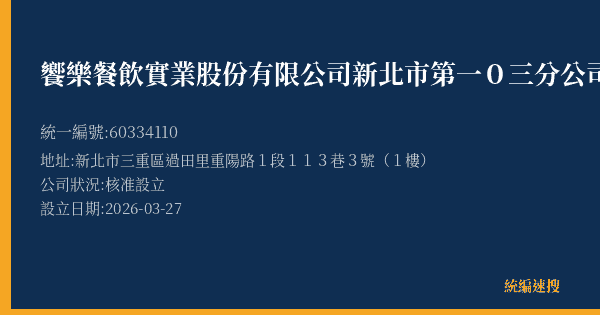 饗樂餐飲實業股份有限公司新北市第一0三分公司的照片-統編 60334110(新北市) 公司登記資料與營業項目詳細圖表