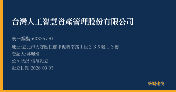 台灣人工智慧資產管理股份有限公司的照片-統編 60335770(臺北市) 公司登記資料與營業項目詳細圖表
