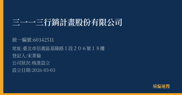 三一一三行銷計畫股份有限公司的照片-統編 60342511(臺北市) 公司登記資料與營業項目詳細圖表