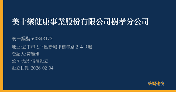 美十樂健康事業股份有限公司樹孝分公司的照片-統編 60343173(臺中市) 公司登記資料與營業項目詳細圖表