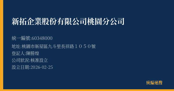 新拓企業股份有限公司桃園分公司的照片-統編 60348000(桃園市) 公司登記資料與營業項目詳細圖表