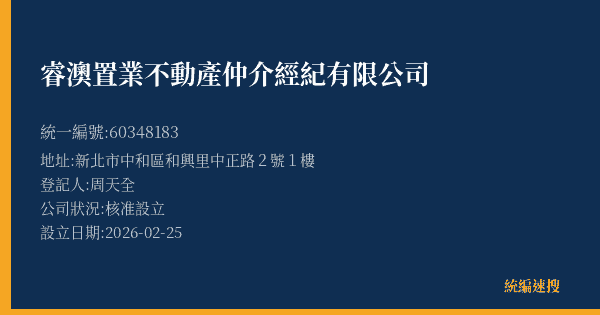 睿澳置業不動產仲介經紀有限公司的照片-統編 60348183(新北市) 公司登記資料與營業項目詳細圖表