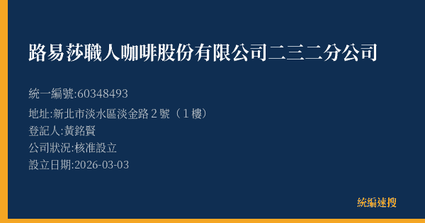 路易莎職人咖啡股份有限公司二三二分公司的照片-統編 60348493(新北市) 公司登記資料與營業項目詳細圖表