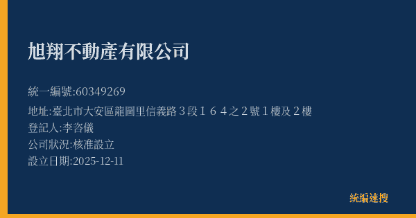 旭翔不動產有限公司的照片-統編 60349269(臺北市) 公司登記資料與營業項目詳細圖表