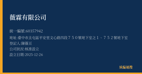 薇霖有限公司的照片-統編 60357942(臺中市) 公司登記資料與營業項目詳細圖表